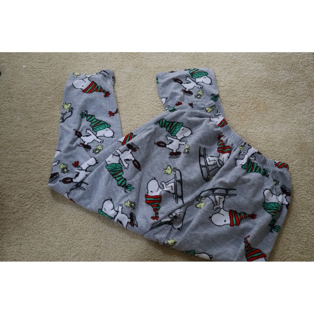 Christmas Holiday Peanuts Snoopy Pajama Pants L Grey Fleece Winter Loungewear